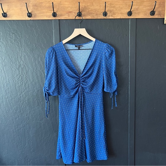 Topshop Blue Polka Dot Ruched Dress - Picture 1 of 7